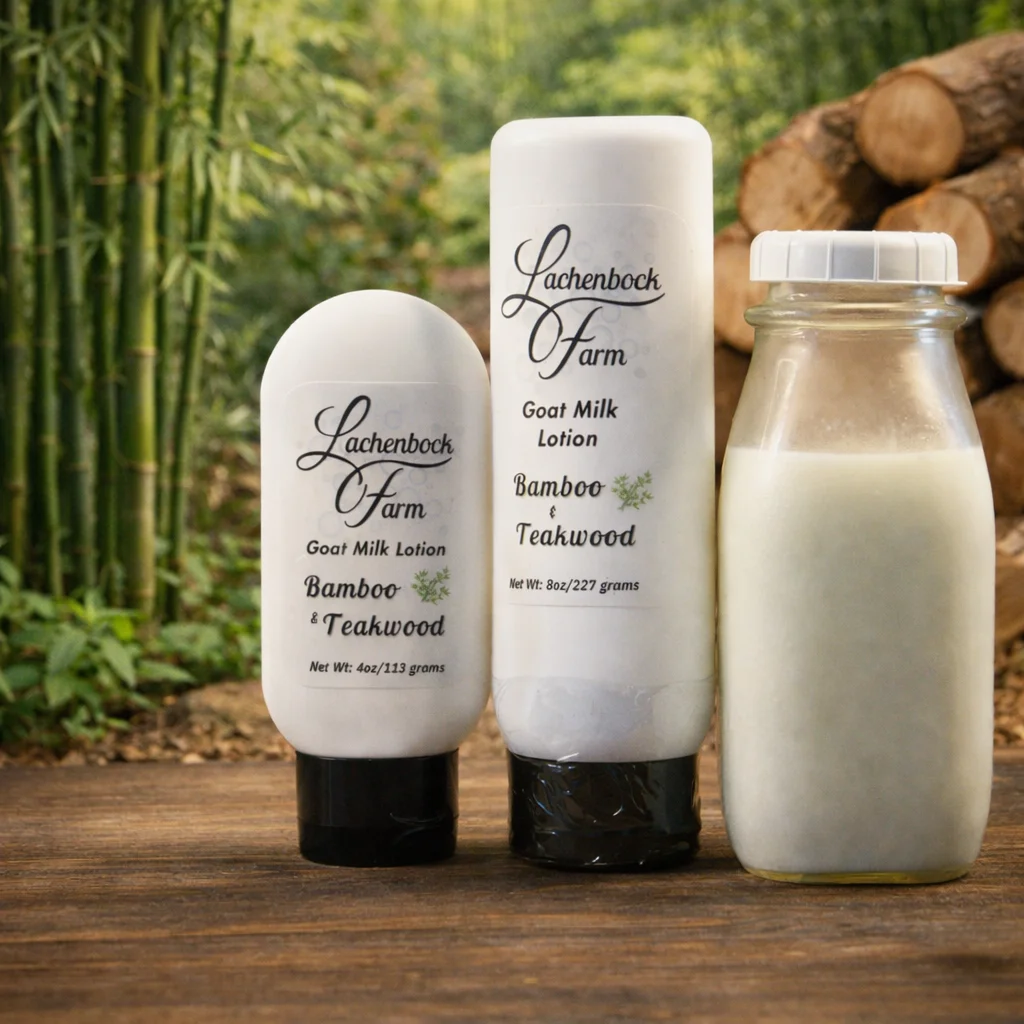 Handmade bamboo and teakwood goat milk lotion in 4oz and 8oz bottles with fresh milk and botanical accents