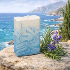 Calabria goat milk soap with blue and cream swirls inspired by Mediterranean sea breeze and coastal herbs