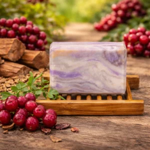 Handmade Sandalwood and Wild Currant goat milk soap with soft purple swirls, styled with red currants and natural wood accents