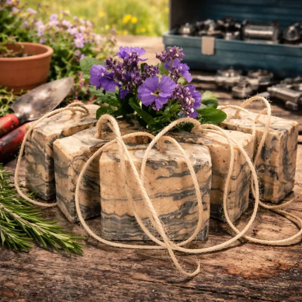 Group of handmade soap on a rope goat milk soap bars with natural exfoliants, designed for gardeners, mechanics, and heavy-duty hand washing