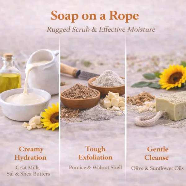 Soap on a Rope goat milk soap benefit image highlighting creamy hydration, tough exfoliation with pumice and walnut shell, and a gentle moisturizing cleanse