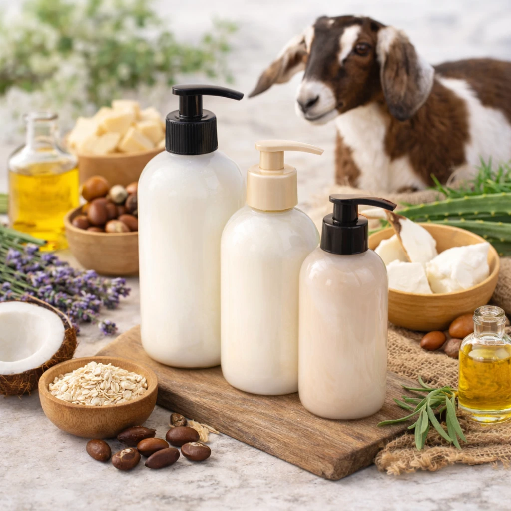 Handcrafted goat milk lotion bottles with natural butters, oils, botanicals, and a Nubian goat in the background