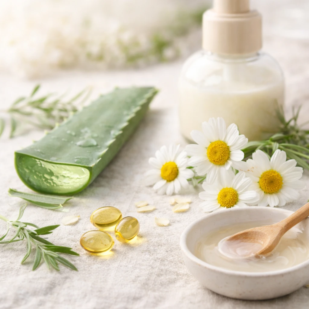 Botanical skincare ingredients including aloe vera, chamomile flowers, vitamin E, and herbal extracts on a neutral surface