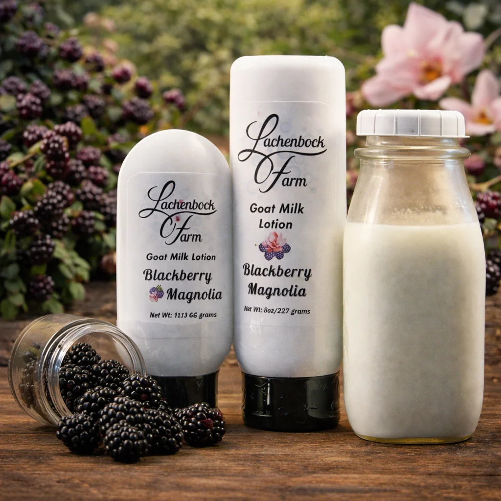 Blackberry Magnolia goat milk lotion by Lachenbock Farm with 4oz and 8oz bottles beside a milk bottle and fresh blackberries.