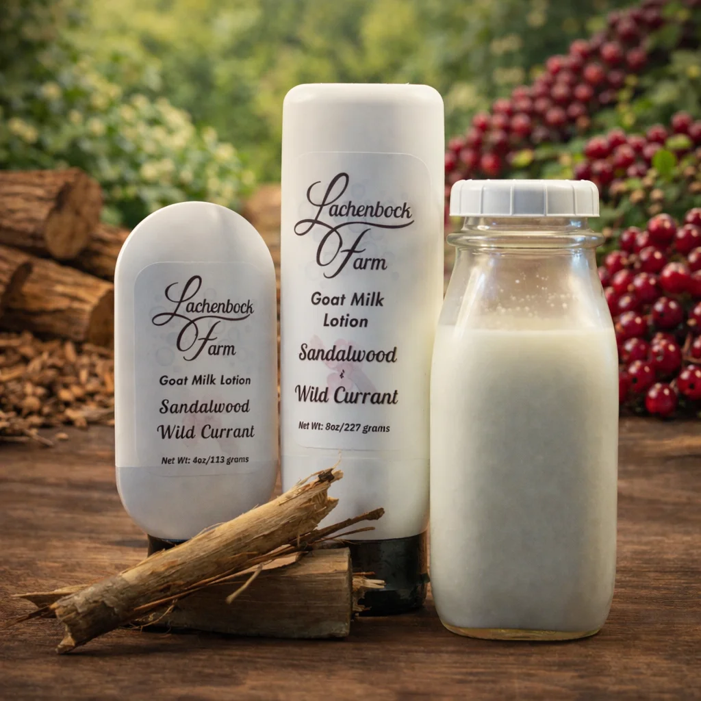 Sandalwood and Wild Currant goat milk lotion in 4 oz and 8 oz bottles with fresh milk and sandalwood