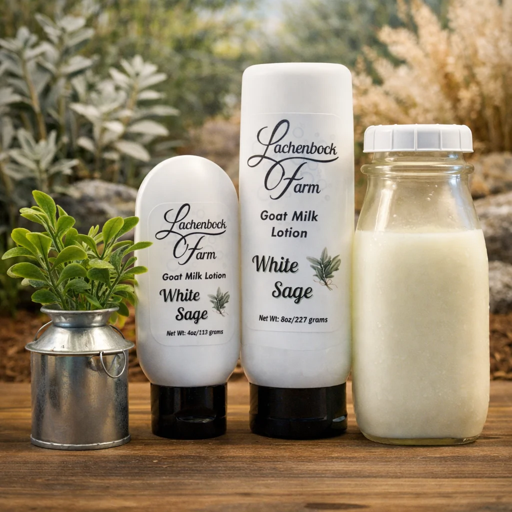 White Sage goat milk lotion by Lachenbock Farm, featuring 4 oz and 8 oz bottles with a clean herbal theme