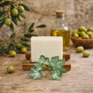 Handcrafted Bastile soap made with 80% olive oil, displayed on a wooden soap dish with olive branches and oil