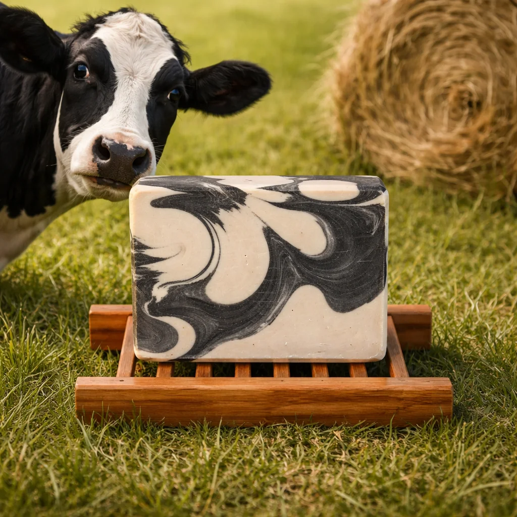 Holy Heifer goat milk soap displayed outdoors with a dairy cow, highlighting farm-made goat milk soap