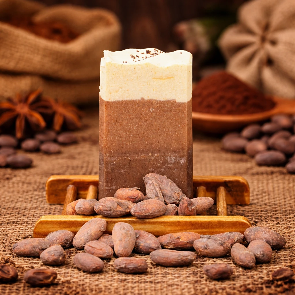 Handcrafted Mocha goat milk soap bar on a bamboo dish with cocoa beans and a warm coffee-cocoa background