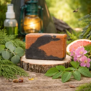 Handmade No Fly Zone goat milk soap bar on a rustic wood slice with green ivy; scented with tea tree, eucalyptus, grapefruit, geranium, and cedarwood.
