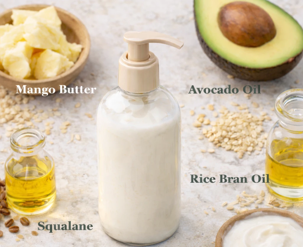 Goat milk lotion bottle surrounded by mango butter, avocado oil, rice bran oil, squalane, and fresh botanicals