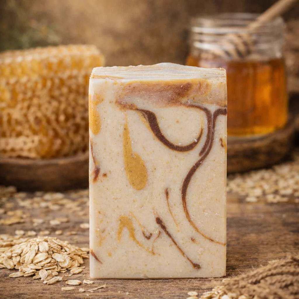 Single bar of Oats & Honey goat milk soap (unscented) with natural honey and cocoa swirls, styled with oats and honeycomb