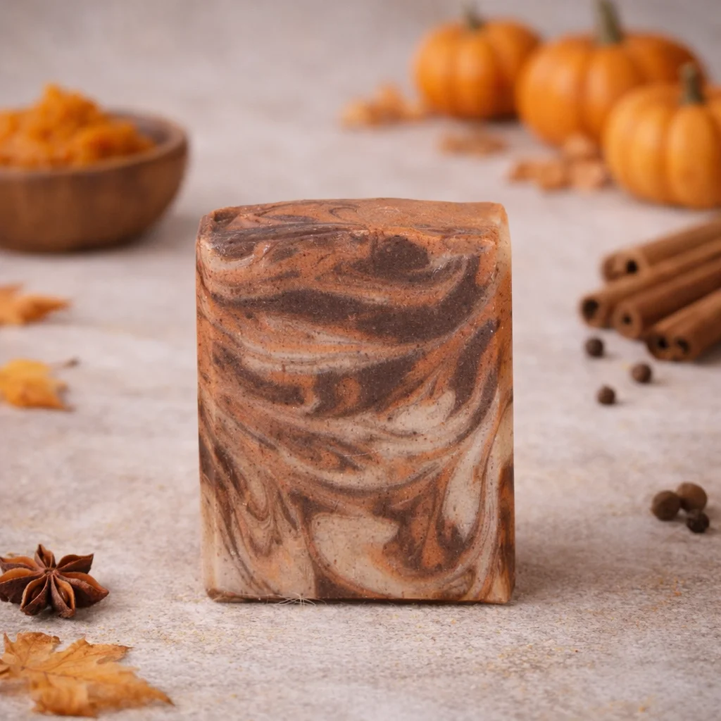 Single bar of Pumpkin Delight goat milk soap with warm brown and cream swirls, styled with a cozy fall-inspired background