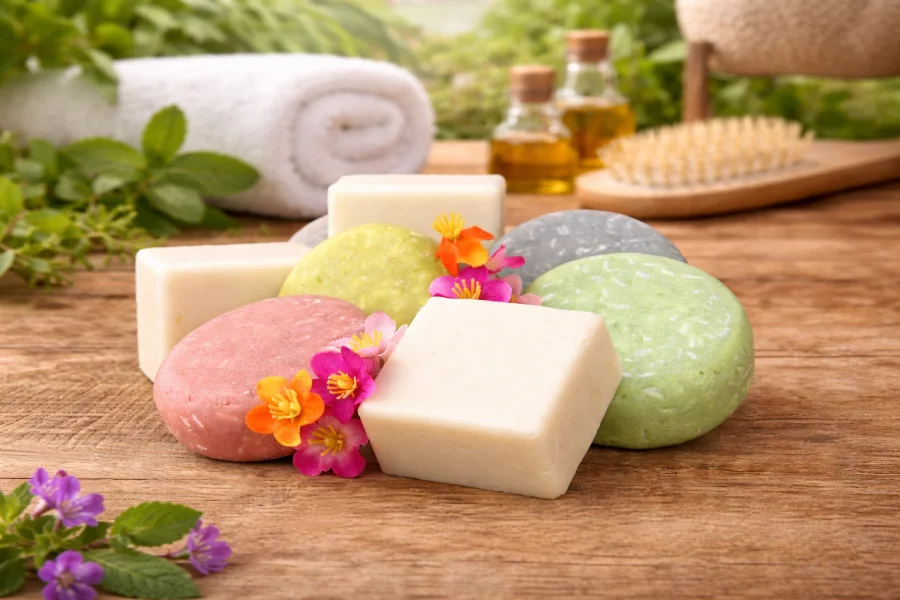 Assorted goat milk shampoo and conditioner bars with colorful floral accents